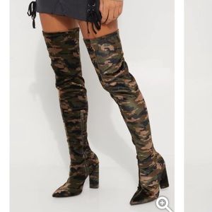 Qupid khaki camouflage velvet over the knee boots